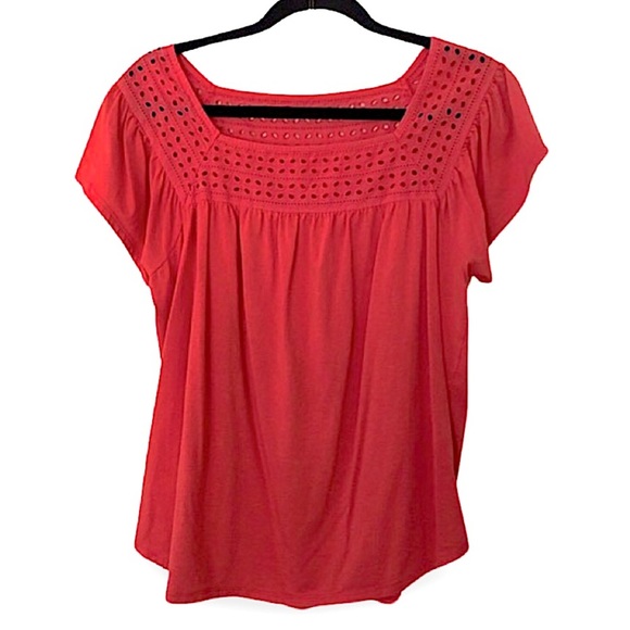 St. John's Bay Tops - St. John’s Bay Coral Red Flowy Square Neckline Embroidered Short Sleeve Blouse